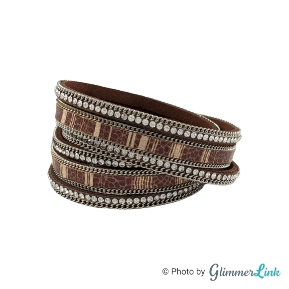 Brown Multi Strand Faux Leather Rhinestones Wrap Bracelet Magnetic Clasp - Picture 6 of 9